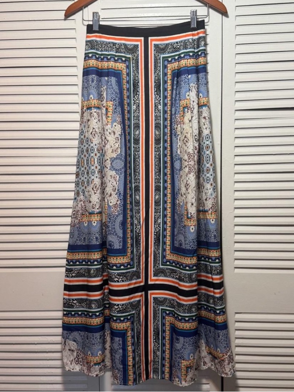 Ranna Gill Blue Patterned Maxi Skirt with Coral and Cream Accents